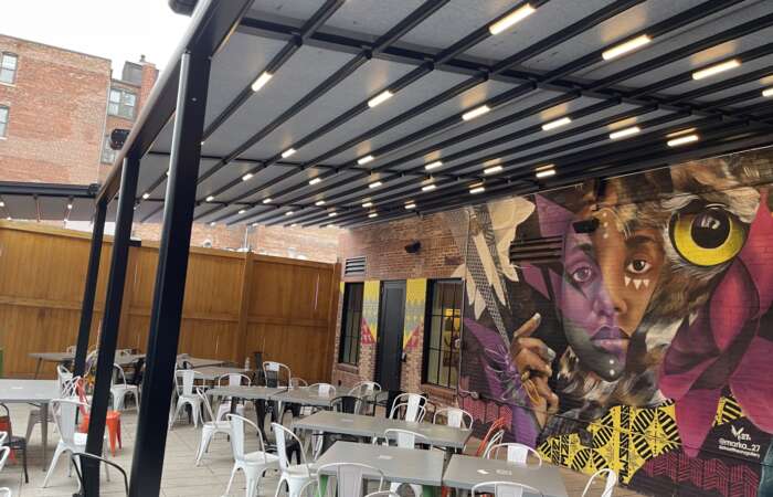 Tectona Flat Awning Roof Pergola in Sonder Restaurant Boston