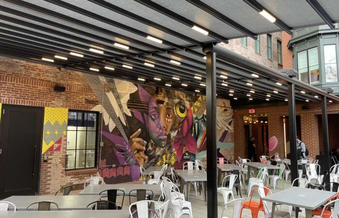Tectona Flat Awning Roof Pergola in Sonder Restaurant Boston