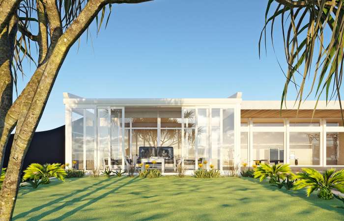 TECTONA FLAT RETRACTABLE AWNING ROOF AND SLIDING GLASS