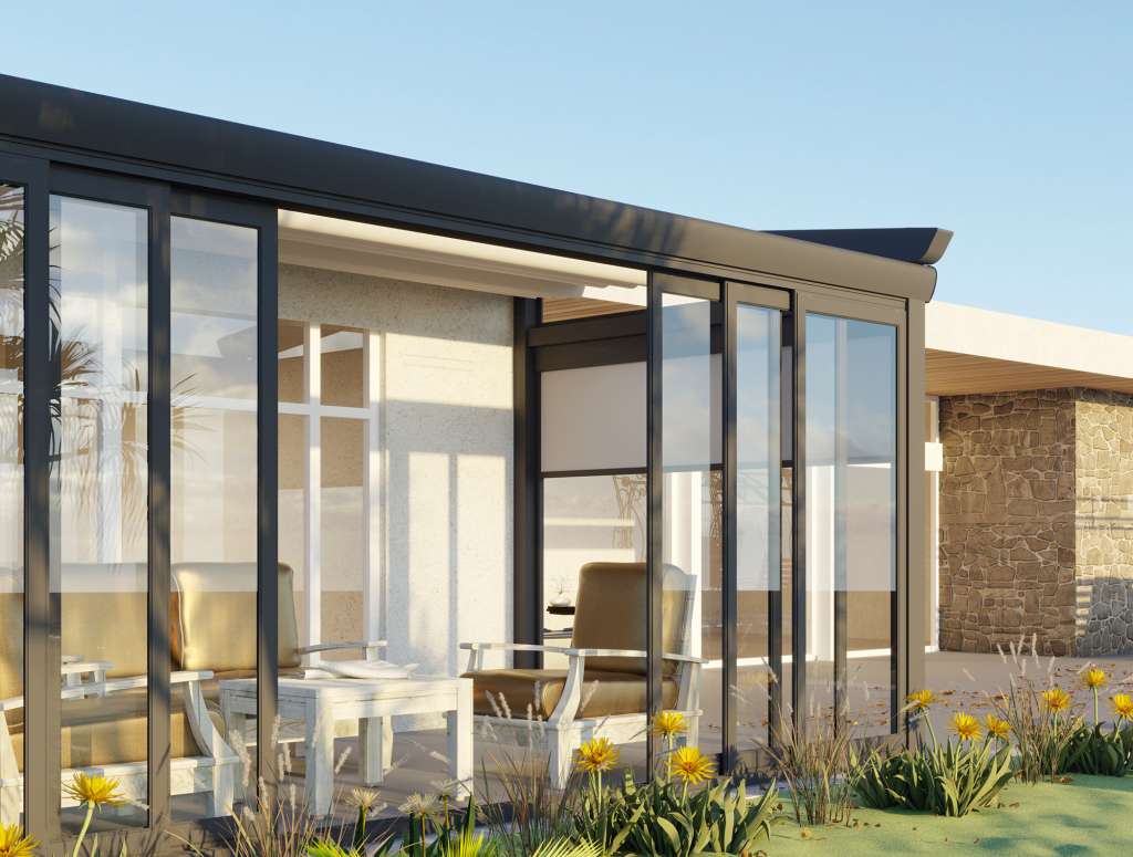 TECTONA FLAT AWNING ROOF PERGOLA SLIDING GLASS