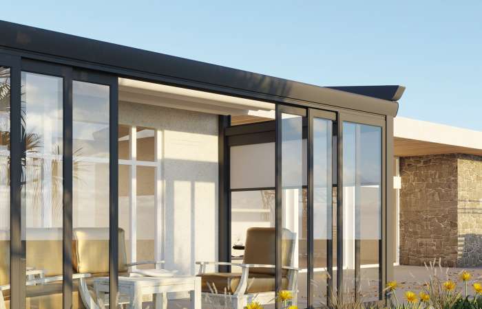 TECTONA FLAT AWNING ROOF PERGOLA SLIDING GLASS