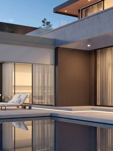 Solar Shading Systems 9 CUBO Easy Patio Cover with Motorized Zip Screen on the pool side